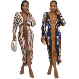 Long Sleeve Print Pleated Split Long Dress XHXF-434