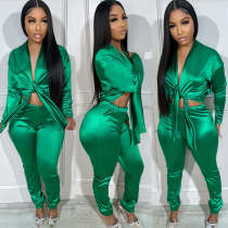 V Neck Long Sleeve Silk Skinny Pant Suit GDIM-D2429