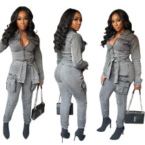 Fashion Denim Long Sleeve Belt Jumpsuit MEM-MZ88601