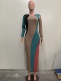 Multicolor Patchwork Long Sleeve Slim Maxi Dress ORY-Y5263