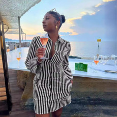 Stripe Print Long Sleeve Shirt Dress QOUY-M6002