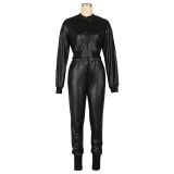 PU Leather Solid Color Zipper Two Piece Set AIL-AL291