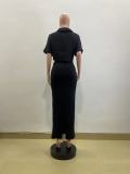 Solid Color Shirt Neck Tops Two Piece Skirts Set QOUY-M6022