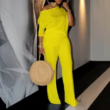Solid Color Slash Neck Tops Two Piece Pants Set GMLF-D3298