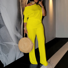 Solid Color Slash Neck Tops Two Piece Pants Set GMLF-D3298