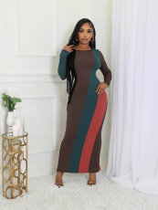 Multicolor Patchwork Long Sleeve Slim Maxi Dress ORY-Y5263