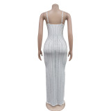 Solid Color Sling Hot Drill Maxi Dress GOSD-OS7031