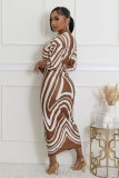Long Sleeve Print Pleated Split Long Dress XHXF-434