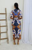 Long Sleeve Print Pleated Split Long Dress XHXF-434