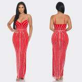 Solid Color Sling Hot Drill Maxi Dress GOSD-OS7031