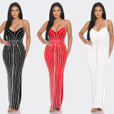 Solid Color Sling Hot Drill Maxi Dress GOSD-OS7031