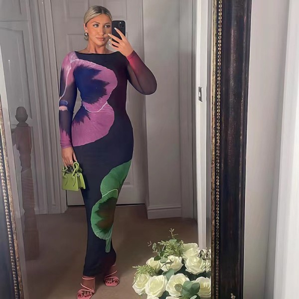 Colorful Print Long Sleeve Maxi Dress QOUY-M6019S