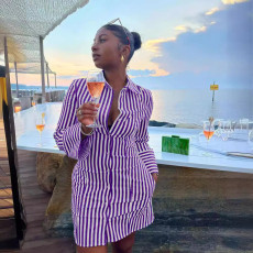 Stripe Print Long Sleeve Shirt Dress QOUY-M6002