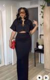 Solid Color Shirt Neck Tops Two Piece Skirts Set QOUY-M6022