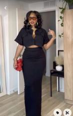 Solid Color Shirt Neck Tops Two Piece Skirts Set QOUY-M6022