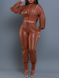 PU Leather Solid Color Zipper Two Piece Set AIL-AL291