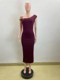 Slash Neck Pleated Slim Maxi Dress QOUY-M6030