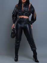 PU Leather Solid Color Zipper Two Piece Set AIL-AL291