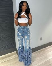 Pearl Vintage Embellished Feather Jeans MEM-MZ88600