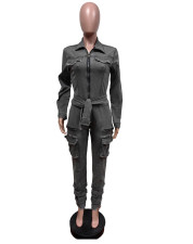 Fashion Denim Long Sleeve Belt Jumpsuit MEM-MZ88601