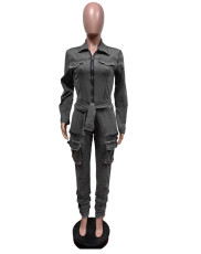 Fashion Denim Long Sleeve Belt Jumpsuit MEM-MZ88601