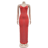 Solid Color Sling Hot Drill Maxi Dress GOSD-OS7031