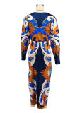 Long Sleeve Print Pleated Split Long Dress XHXF-434