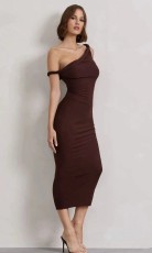 Slash Neck Pleated Slim Maxi Dress QOUY-M6030