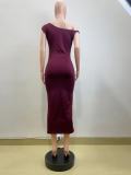 Slash Neck Pleated Slim Maxi Dress QOUY-M6030