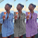 Stripe Print Long Sleeve Shirt Dress QOUY-M6002