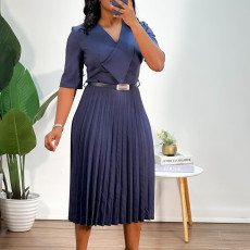 Solid Color V Neck Press Pleated Midi Dress(With Belt) GMLF-D3296
