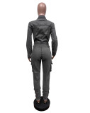 Fashion Denim Long Sleeve Belt Jumpsuit MEM-MZ88601