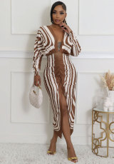 Long Sleeve Print Pleated Split Long Dress XHXF-434