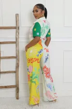 Print Color Block Wide Leg Jumpsuit XHXF-8707