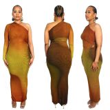 Slash Shoulder Single Sleeve Gradient Dress QOUY-M6029