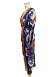 Long Sleeve Print Pleated Split Long Dress XHXF-434