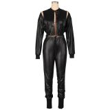 PU Leather Solid Color Zipper Two Piece Set AIL-AL291