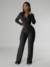 Solid Color Zipper Bodysuit And Pants 2 Piece Set CH-HR24062