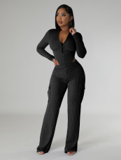 Solid Color Zipper Bodysuit And Pants 2 Piece Set CH-HR24062