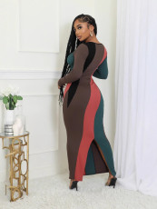 Multicolor Patchwork Long Sleeve Slim Maxi Dress ORY-Y5263