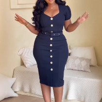 Plus Size Square Neck Solid Split Midi Dress NY-K3298