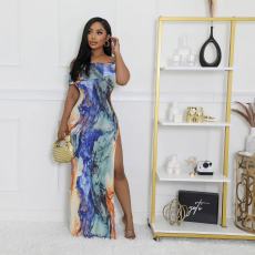 Print One Shoulder Split Maxi Dress QOUY-M6025