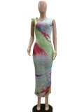 Mesh Slash Neck Print Maxi Dress QOUY-M6042