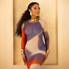 Colorfuil Print O Neck Long Sleeve Maxi Dress QOUY-M6014