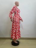 U Neck Print Lantern Sleeve Split Maxi Dress QOUY-M6015