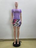 Mesh Studded Drill Sexy Print Two Piece Set QOUY-M6036