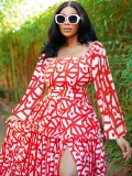 U Neck Print Lantern Sleeve Split Maxi Dress QOUY-M6015