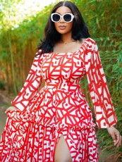 U Neck Print Lantern Sleeve Split Maxi Dress QOUY-M6015