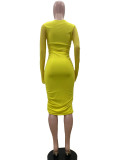 Solid Color Long Sleeve Pleated Midi Dress QOUY-M6003