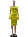 Solid Color Long Sleeve Pleated Midi Dress QOUY-M6003